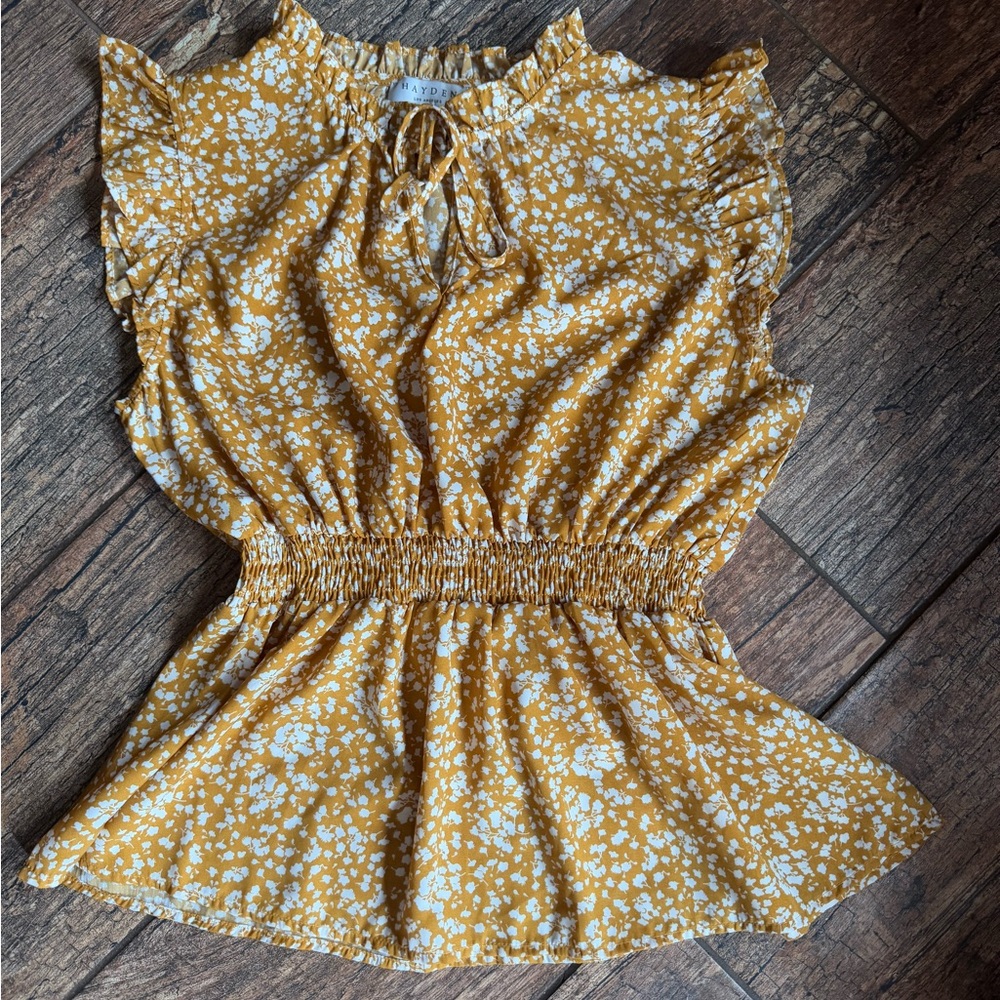 Hayden Los Angeles Yellow Floral Ruffle Peplum Top | Size L | Worn Once